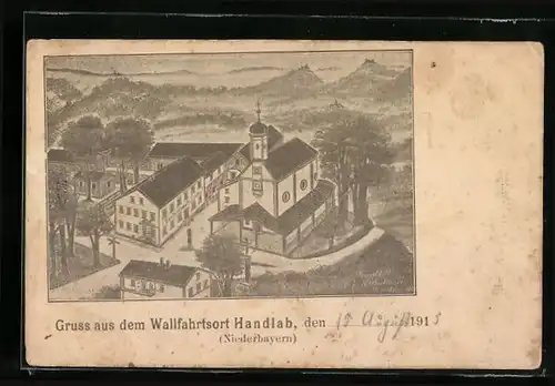 Künstler-AK Handlab /Niederbayern, Wallfahrtskirche und Gasthof