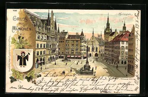 Lithographie München, Marienplatz mit Denkmal, Wappen mit Münchner Kindl