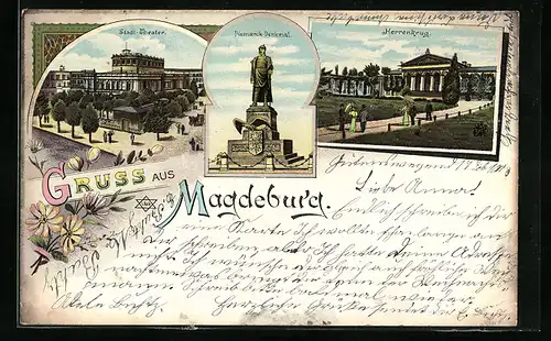 Lithographie Magdeburg, Herrenkrug, Stadt-Theater & Bismarck-Denkmal