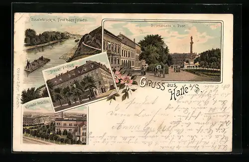 Lithographie Halle a. S., Francke-Stiftung, Klinische Anstalten, Saaleblick vom Trothaerfelsen