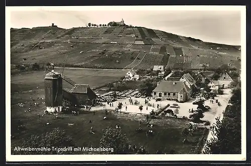 AK Cleebronn, Gasthaus Altweibermühle Tripsdrill mit Blick zum Michaelsberg