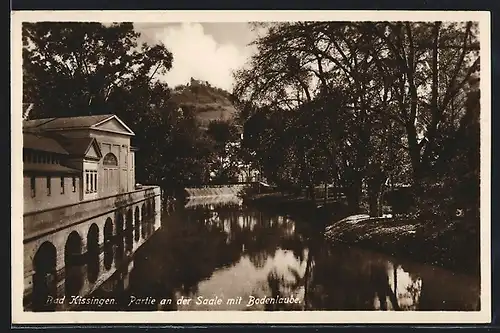 AK Bad Kissingen, Partie an der Saale mit Bodenlaube