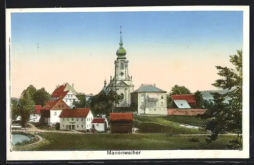 AK Marienweiher, Blick zur Kirche im Ort