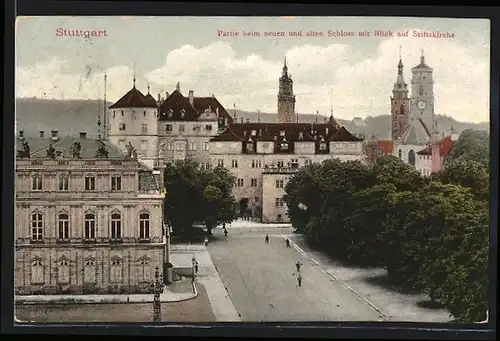 AK Stuttgart, Partie beim neuen und alten Schloss mit Blick auf die Stiftskirche