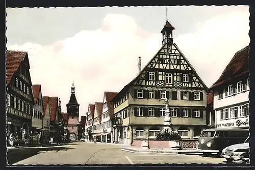 AK Winnenden, Marktplatz mit Brunnen und Rathaus, VW-Bulli