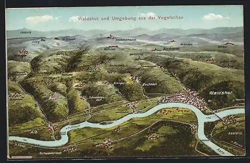 Künstler-AK Eugen Felle: Waldshut, Ort und Umgebung aus der Vogelschau