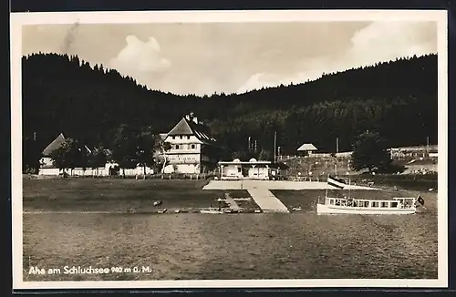 AK Aha am Schluchsee, Gasthaus und Pension Auerhahn mit Dampfer auf dem See