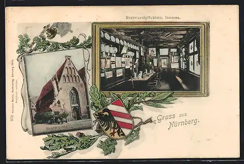 AK Nürnberg, Gasthaus Bratwurstglöcklein, Innenansicht, Wappen