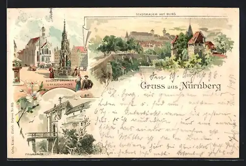 Lithographie Nürnberg, Schöner Brunnen und Frauenkirche, Stadtmauer mit Burg