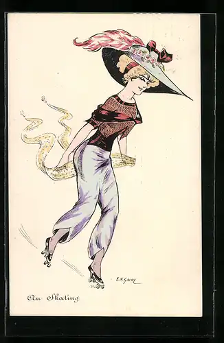 Künstler-AK sign. E. H. Galry: Junge Frau auf Rollschuhen