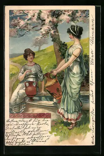 Lithographie Antike Mädchen mit Amphoren, Jugendstil