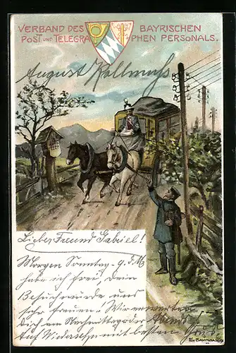 AK Postkutsche fährt Landstrasse entlang, Wappen des Verband des Bayrischen Post- u. Telegraphen Personals