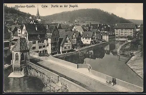 AK Calw, Partie an der Nagold mit Nikolaus-Kapelle