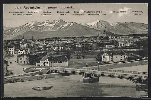 AK Rosenheim, Teilansicht mit neuer Innbrücke, Bergpanorama mit Sulzberg Breitenberg und Miesing