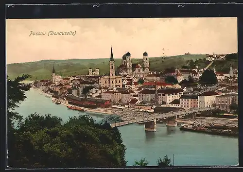 AK Passau, Teilansicht mit Brücke, Donauseite