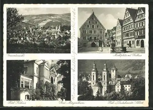 AK Bad Mergentheim, Hotel Kurhaus, Hoch Deutschmeister Schloss & Martkplatz mit Rathaus