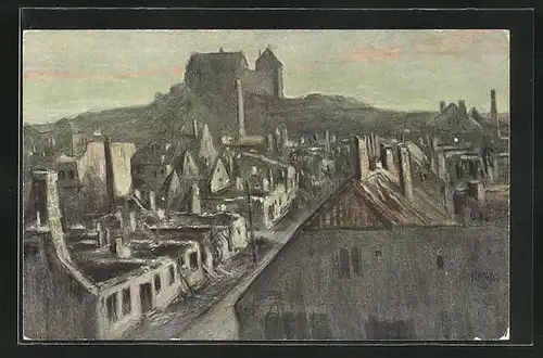 Künstler-AK Fritz Hass: Neidenburg, Sicht über die zerstörte Ortschaft, Geburtsstadt von Ferdinand Gregorovius