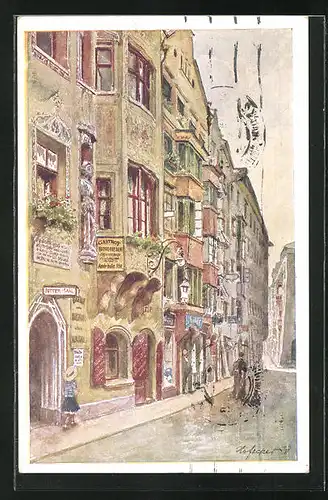 Künstler-AK E.F. Hofecker: Innsbruck, Hofgasse mit Gasthof Burgriesen