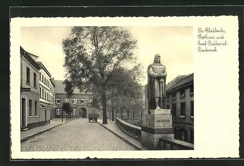 AK Mönchengladbach, Rathaus und Graf Balderich Denkmal in der Rathausstrasse