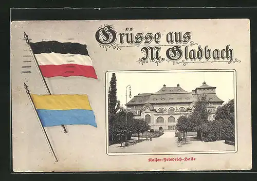 AK M. Gladbach, Kaiser-Friedrich-Halle, Flaggen