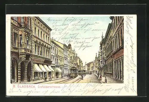 Lithographie M.-Gladbach, Crefelderstrasse mit Strassenbahn