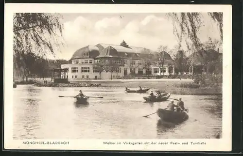 AK M.-Gladbach, Weiher im Volksgarten mit der neuen Fest- und Turnhalle