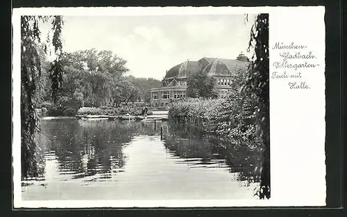 AK München-Gladbach, Volksgarten-Teich mit Halle