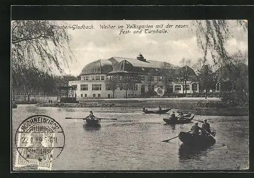 AK München-Gladbach, Weiher im Volksgarten mit der neuen Fest- und Turnhalle