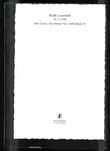 AK Lentz-Starnberg / See, Schauspielerin Ruth Leuwerik, Geb. 1926