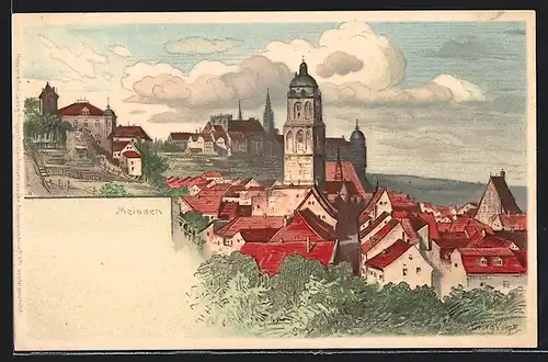 Lithographie Meissen, Ortspartie mit Blick zur Albrechtsburg