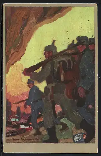 Künstler-AK Soldaten marschieren ins Feld, Reklame für Leibnitz Kekse