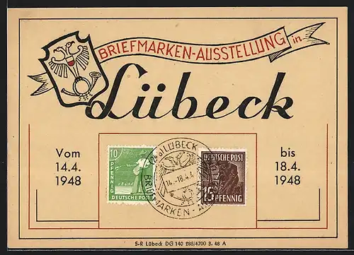 AK Lübeck, Briefmarkenausstellung 1948, Wappen & Briefmarken