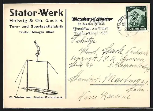 AK Frankfurt a. M., Stator-Werk Helwig & co. G. m. b. H., Turn- u. Sportgerätefabrik, Adalbertstrasse 42, Turner am Reck