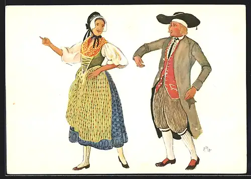 Künstler-AK sign. E. Biéler: Vevey, Fete des Vignerons 1927, Canton de Glaris, Serie de la Noce, Tracht