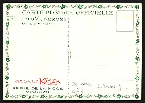 Künstler-AK sign. E. Biéler: Vevey, Fete des Vignerons 1927, Canton de Glaris, Serie de la Noce, Tracht