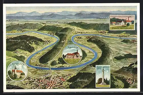 Künstler-AK Eugen Felle: Volkach, Panorama mit Mainschleife, Vogelsburg, Schloss Halburg