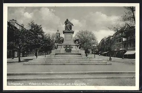 AK Schweinfurt, Friedrich-Rückert-Denkmal mit Marktplatz