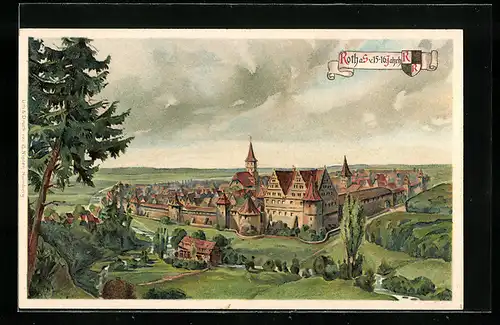 Lithographie Roth a. S., Alte Ansicht der Stadt im 15. und 16. Jahrhundert