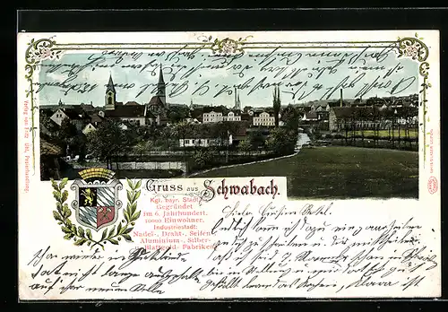 AK Schwabach, Teilansicht mit Kirche, Wappen