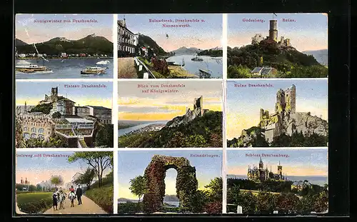 AK Königswinter, Ruine Drachenfels, Schloss Drachenburg, Godesberg Ruine