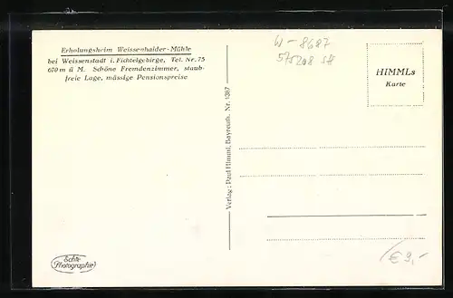 AK Weissenstadt i. Fichtelgebirge, Erholungsheim Weissenhaider-Mühle