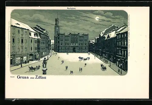 Winter-Lithographie Zittau, Marktplatz mit Rathaus bei Vollmond