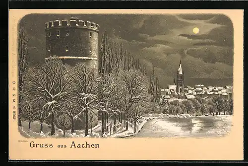Winter-Lithographie Aachen, Teilansicht vom Ort