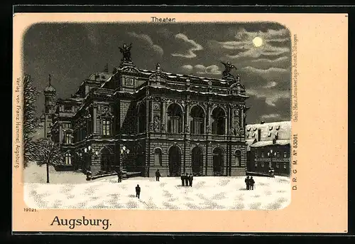 Winter-Lithographie Augsburg, Theater bei Vollmond