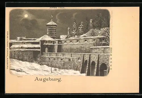 Winter-Lithographie Augsburg, Rotes Tor bei Vollmond