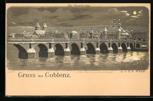 Winter-Lithographie Coblenz, Alte Moselbrücke