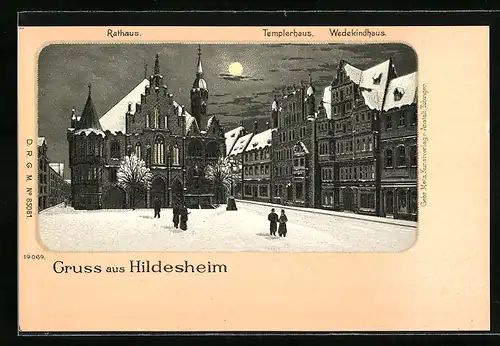 Winter-Lithographie Hildesheim, Rathaus mit Templerhaus, Wedekindhaus