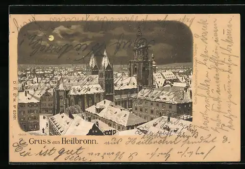 Winter-Lithographie Heilbronn, Ortsansicht aus der Vogelschau