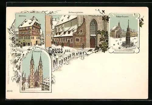 Winter-Lithographie Nürnberg, Dürerhaus, Lorenzkirche, Bratwurstglöcklein