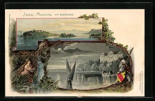 Lithographie Mainau am Bodensee, Blick auf die Insel mit Segelboot